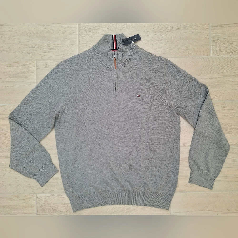 Tommy Hilfiger Men's Heather Gray 1/4 Zip Cotton Long Sleeved Sweater - Size XL - Picture 2 of 9